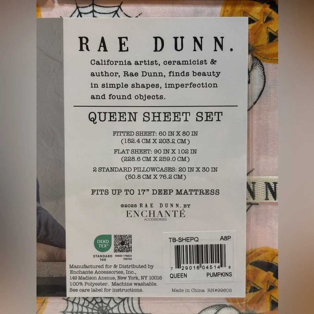 Rae Dunn Pink Halloween Pumpkin & Spiderwebs Queen‎ Sheet Set